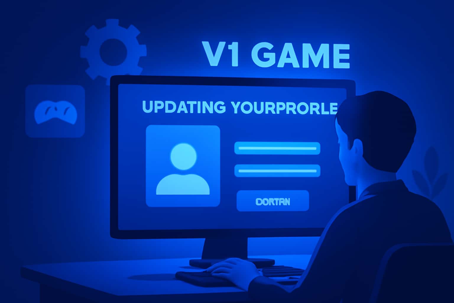 An informative visual representation of updating a game profile with emphasis on the V1 Game branding.