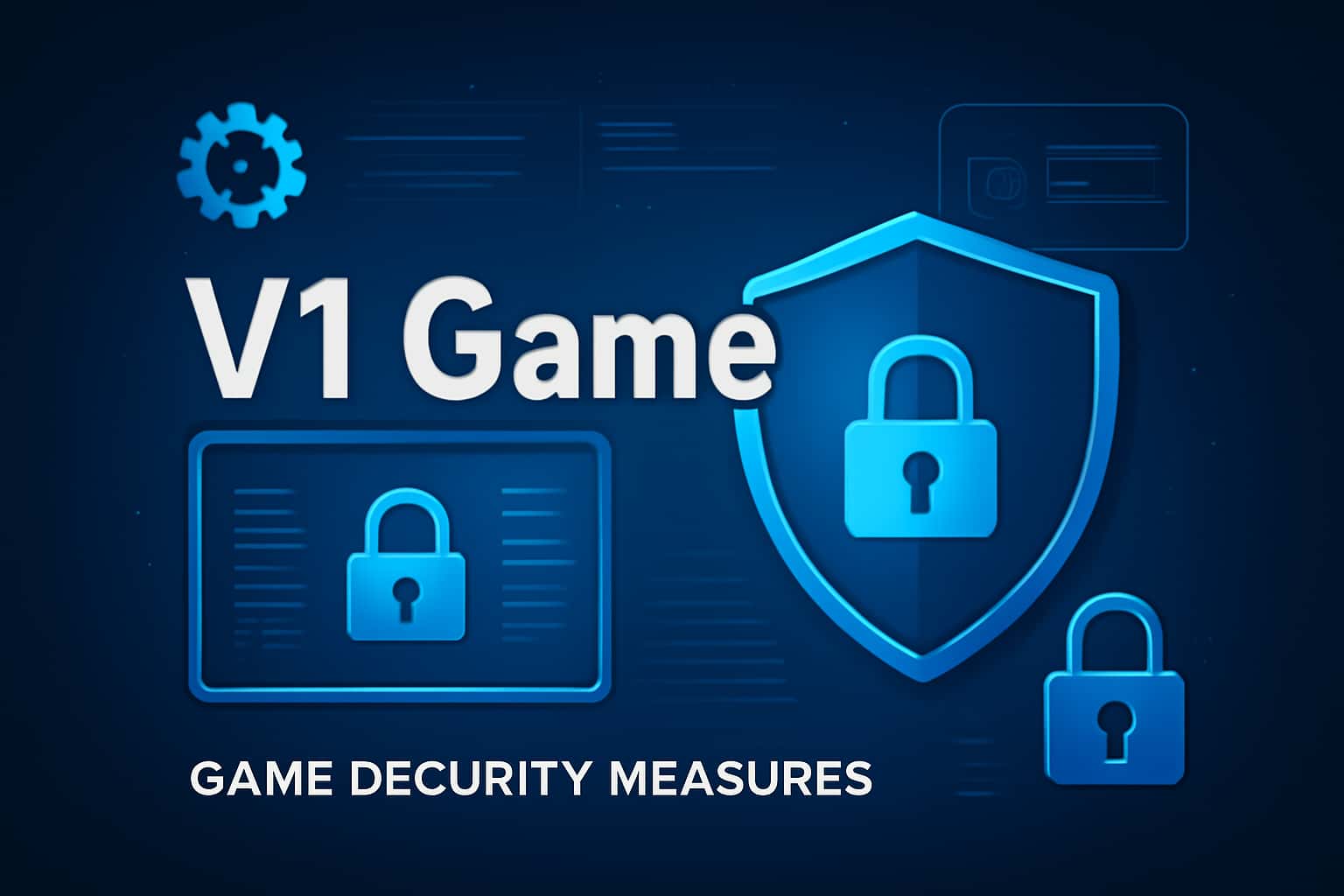 An informative representation of V1 Game Security Measures with a high-tech background.
