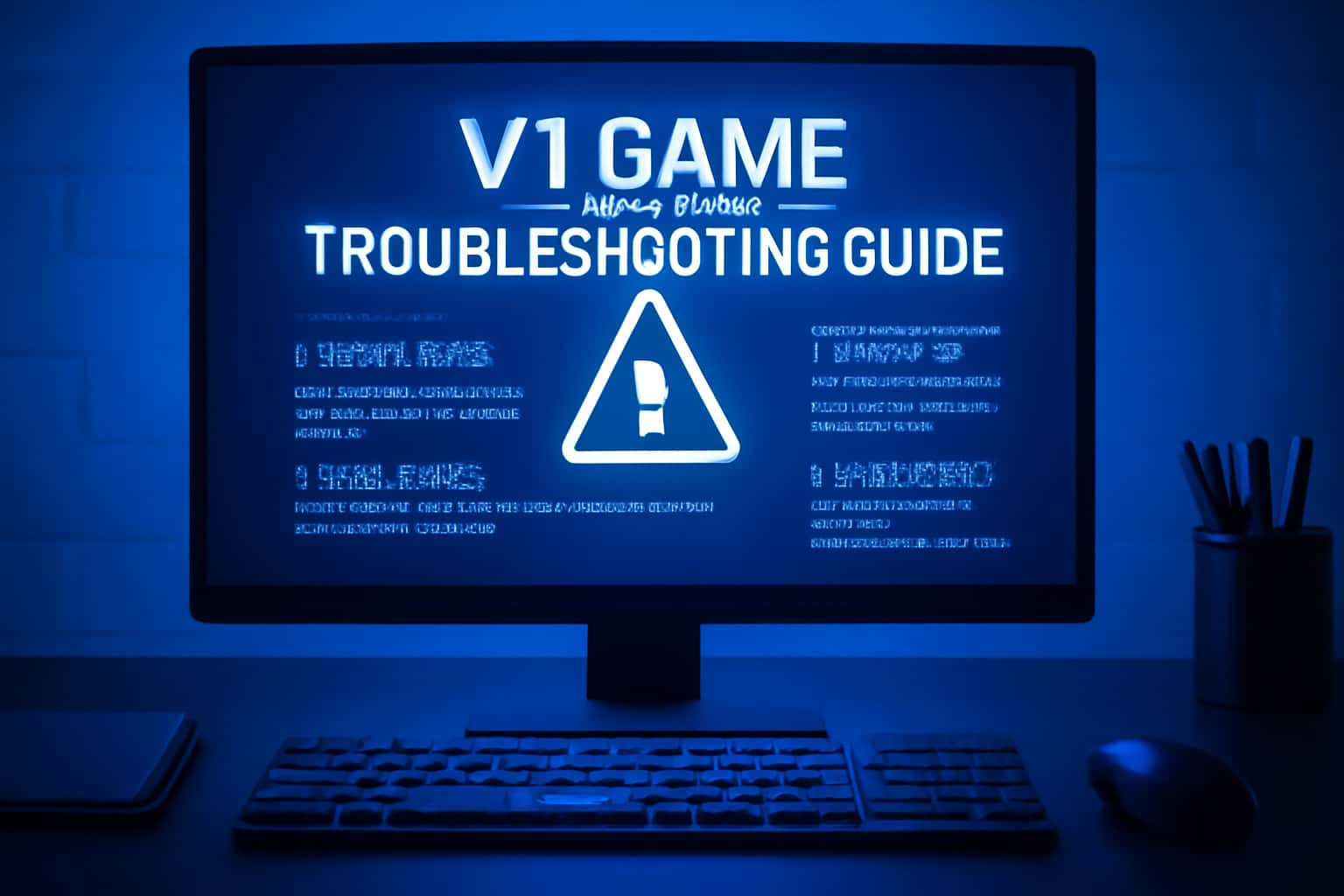 A futuristic and informative scene related to V1 Game troubleshooting, prominently displaying V1 Game text.